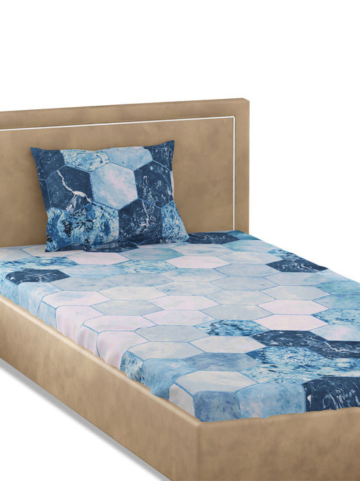 300TC Single Cotton Bedsheet (90in x 60in) from the Hexagon Collection. Soft, breathable, and durable, it includes one pillow cover (69in x 46in). Easy to maintain, with a nature-inspired design for a luxurious touch