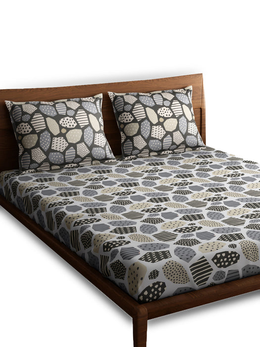300 TC Mosaic Grey 100 Percent Cotton Queen Size Bed Sheet 100x90 IN with 2 Pillow Covers 18x27 IN Soft Luxurious and Breathable Bedding Set for All Season Comfort Machine Washable Easy Care