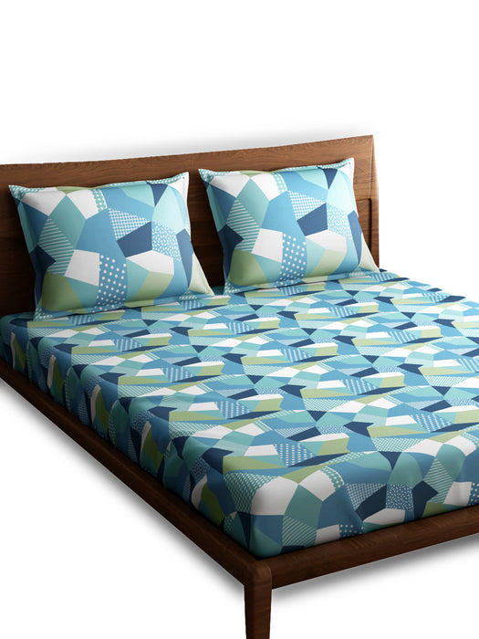 Petal Home Origami Blue Queen Size Bedsheet 300 TC 100 Percent Cotton Soft Breathable Durable Luxurious Bedding Set 100x90 IN with 2 Pillow Covers 18x27 IN Machine Washable All Season Cotton Bed Linen for Home and Hotel