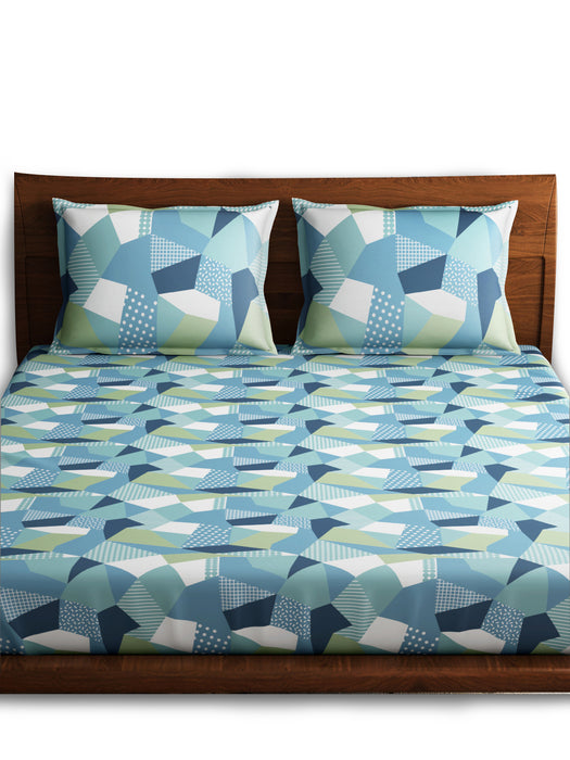 300 TC Origami Blue 100% Cotton King Size Bed Sheet with 2 Pillow Covers