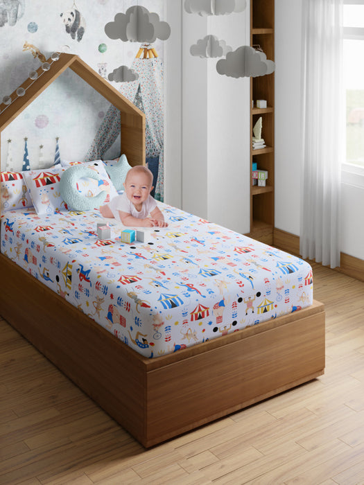 Petal Home Circus Blue 200 TC Cotton Single Kids Bedsheet 60x90 with 1 Pillow Cover 18x27 Soft Breathable Durable Lightweight Easy to Clean Colorful Design Perfect for Kids Room Everyday Comfort