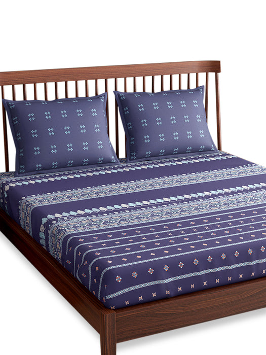 300 TC Hooghly Navy 100 Percent Cotton Queen Size Bed Sheet 100x90 IN with 2 Pillow Covers 18x27 IN Soft Luxurious and Breathable Bedding Set for All Season Comfort Machine Washable Easy Care