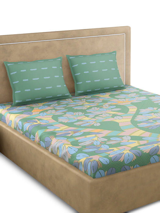 300 TC Gondi Tree Green 100 Percent Cotton Queen Size Bed Sheet 100x90 IN with 2 Pillow Covers 18x27 IN Soft Luxurious and Breathable Bedding Set for Year Round Comfort Machine Washable
