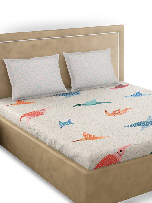 300 TC Gondi Bird White 100 Percent Cotton Queen Size Bed Sheet 100x90 IN with 2 Pillow Covers 18x27 IN Soft Luxurious Breathable Bedding Set Easy Care Machine Washable for Year Round Use