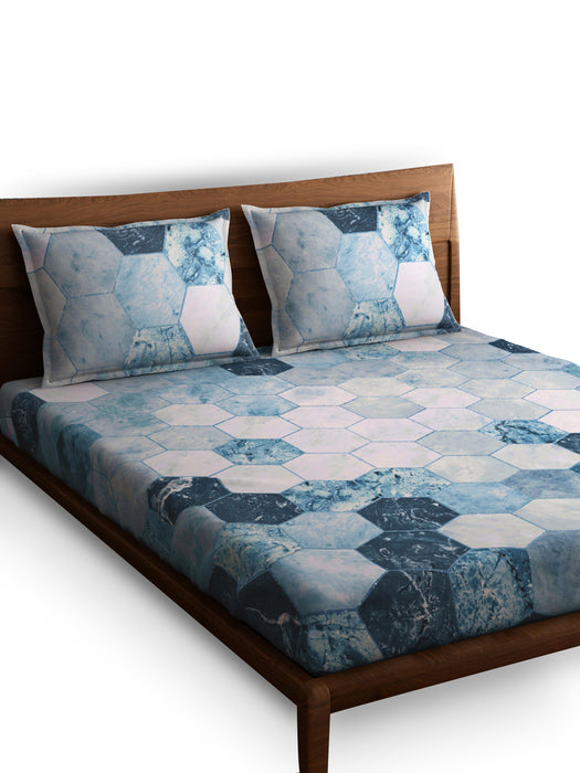 300 TC Hexagon Blue 100 Percent Cotton Queen Size Bed Sheet 100x90 IN with 2 Pillow Covers 18x27 IN Soft Luxurious and Breathable Bedding Set for All Season Comfort Machine Washable