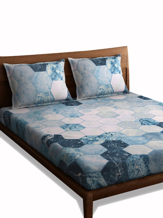 Petal Home Hexagon Blue King Size Bedsheet 300 TC 100 Percent Cotton Soft Luxurious Breathable Durable Bedding Set 108x108 IN with 2 Pillow Covers 18x27 IN Machine Washable All Season Cotton Bed Linen for Home and Hotel