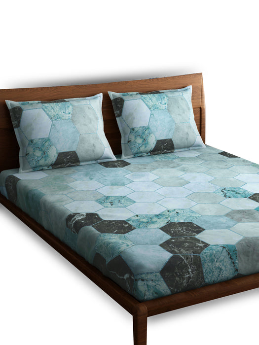 Petal Home Hexagon Teal Queen Size Bedsheet 300 TC 100 Percent Cotton Soft Breathable Durable Luxurious Bedding Set 100x90 IN with 2 Pillow Covers 18x27 IN Machine Washable All Season Cotton Bed Linen for Home and Hotel