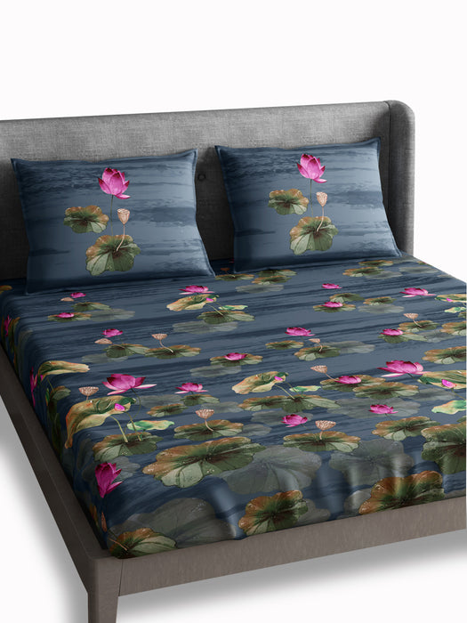 300 TC Lotus Blue 100% Cotton King Size Bed Sheet with 2 Pillow Covers