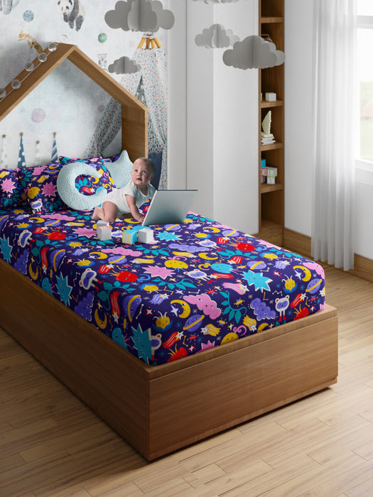 Petal Home Monster Blue 200 TC Cotton Single Kids Bedsheet 60x90 with 1 Pillow Cover 18x27 Soft Breathable Durable Lightweight Easy to Clean Colorful Cartoon Design Perfect for Kids Room Everyday Comfort