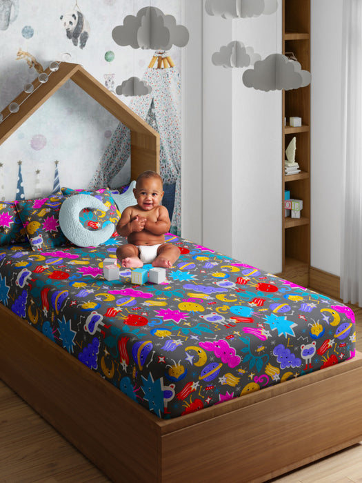 Petal Home Monster Grey 200 TC Cotton Single Kids Bedsheet 60x90 with 1 Pillow Cover 18x27 Soft Breathable Durable Lightweight Easy Care Colorful Bedding Perfect for Kids Room Everyday Comfort