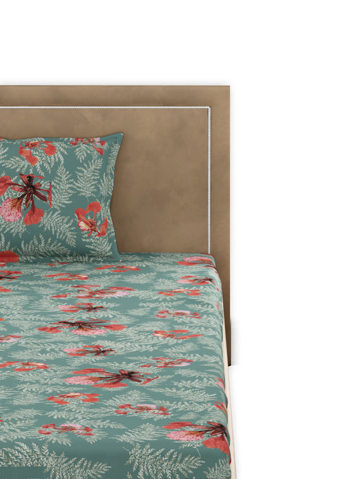 Poinciana Teal 100% Cotton Single Bed Sheet with 1 Pillow Cover