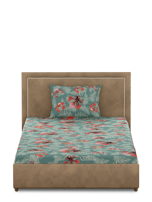 Poinciana Teal 100% Cotton Single Bed Sheet with 1 Pillow Cover
