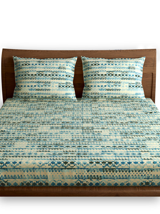 300 TC Jharokha Blue 100% Cotton Queen Size Bed Sheet with 2 Pillow Covers