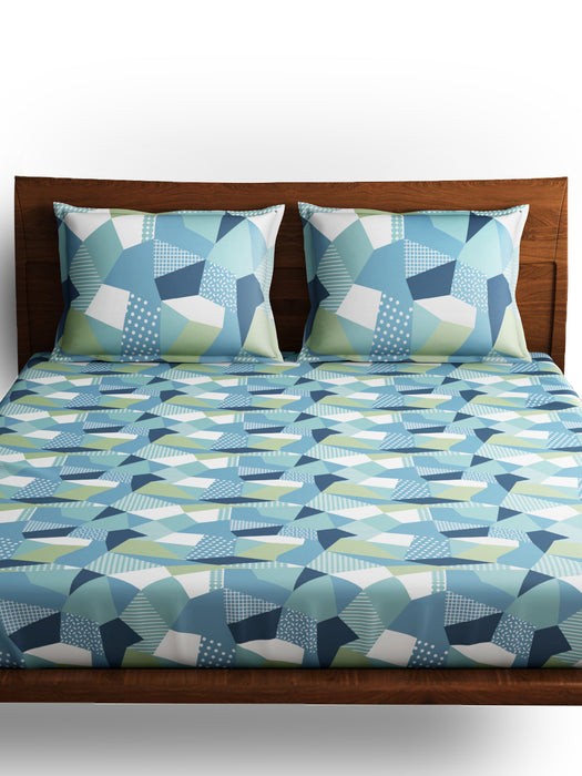 300 TC Origami Blue 100% Cotton Queen Size Bed Sheet with 2 Pillow Covers