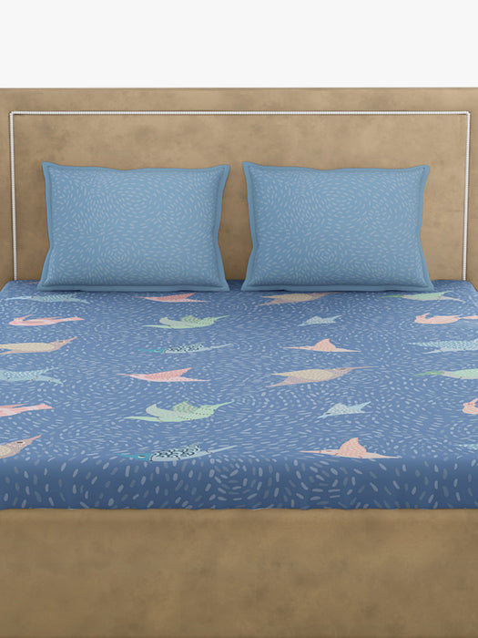 300 TC Gondi Bird Blue 100% Cotton King Size Bed Sheet with 2 Pillow Covers