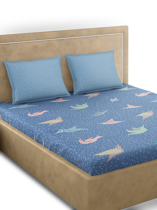 300 TC Gondi Bird Blue 100% Cotton Queen Size Bed Sheet with 2 Pillow Covers