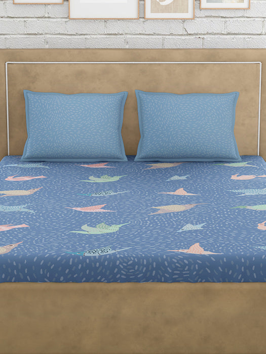 300 TC Gondi Bird Blue 100% Cotton Queen Size Bed Sheet with 2 Pillow Covers