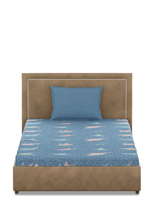 300 TC Gondi Bird Blue 100% Cotton Single Bed Sheet with 1 Pillow Cover