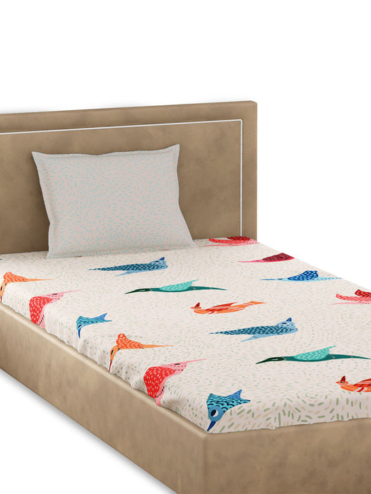 300 TC Gondi Bird White 100% Cotton Single Bed Sheet with 1 Pillow Cover
