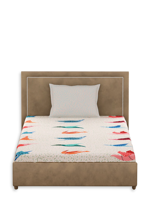 300 TC Gondi Bird White 100% Cotton Single Bed Sheet with 1 Pillow Cover