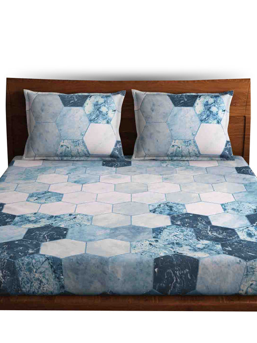 300 TC Hexagon Blue 100% Cotton Queen Size Bed Sheet with 2 Pillow Covers