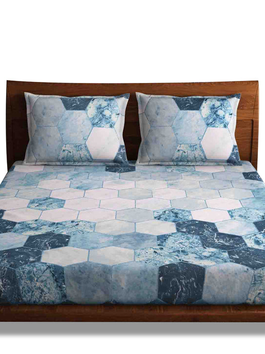 300 TC Hexagon Blue 100% Cotton King Size Bed Sheet with 2 Pillow Covers