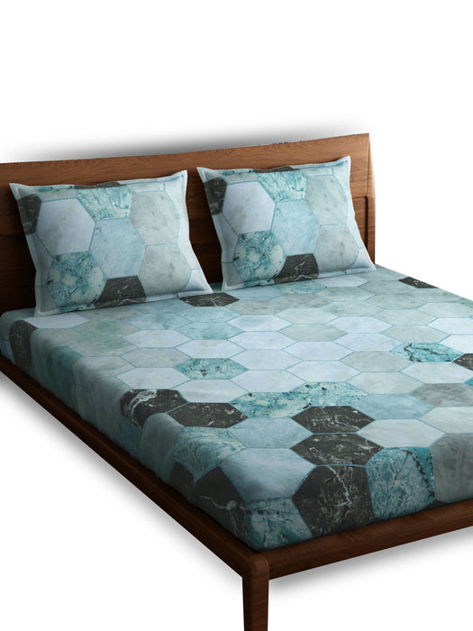 300 TC Hexagon Teal 100% Cotton Queen Size Bed Sheet with 2 Pillow Covers