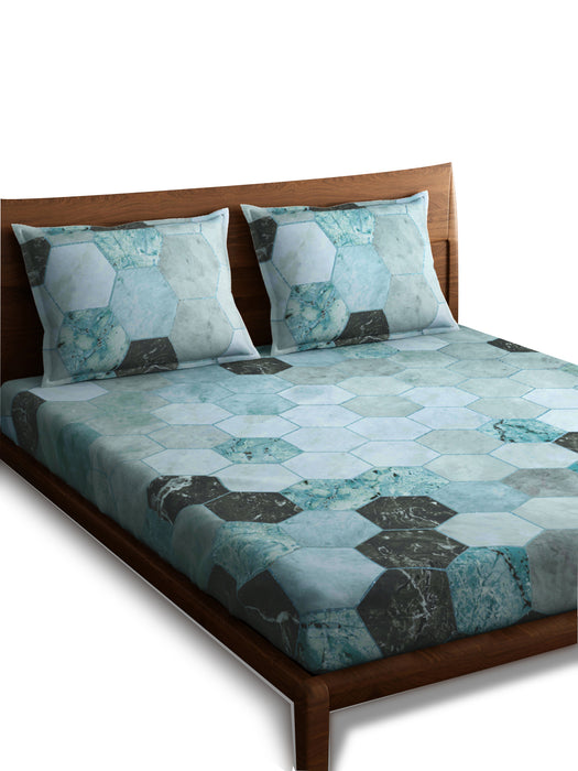 300 TC Hexagon Teal 100% Cotton King Size Bed Sheet with 2 Pillow Covers
