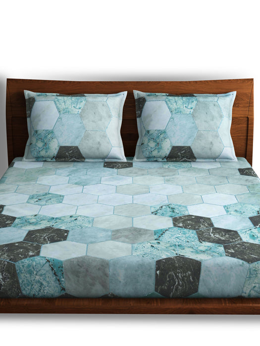 300 TC Hexagon Teal 100% Cotton Queen Size Bed Sheet with 2 Pillow Covers
