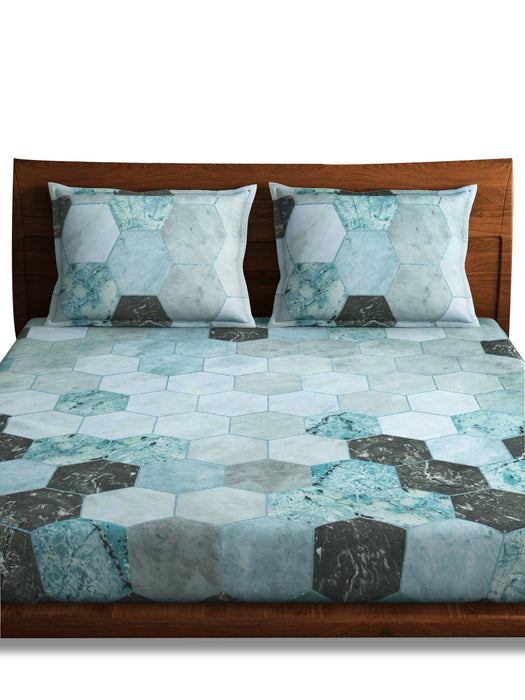 300 TC Hexagon Teal 100% Cotton King Size Bed Sheet with 2 Pillow Covers