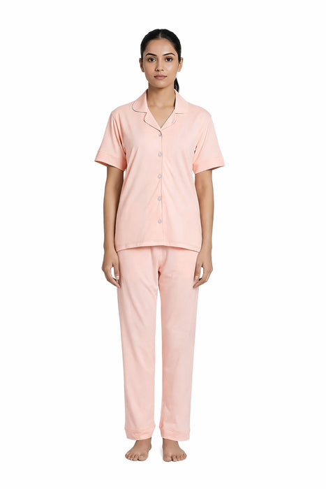 Women's Modal Cotton Solid Pink Night Suit Shirt and Pyjama Set Extra Large Size Soft Breathable Sleepwear Comfortable Loungewear for Women Nightwear Set
