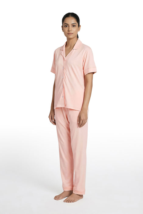 Women's Modal Cotton Solid Pink Night Suit Shirt and Pyjama Set Extra Large Size Soft Breathable Sleepwear Comfortable Loungewear for Women Nightwear Set