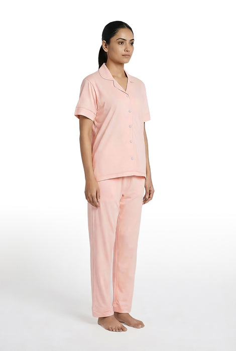 Women's Modal Cotton Solid Pink Night Suit Shirt and Pyjama Set Extra Large Size Soft Breathable Sleepwear Comfortable Loungewear for Women Nightwear Set