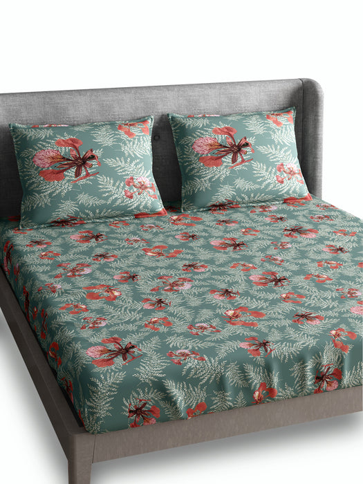 300 TC Poinciana Teal 100% Cotton King Size Bed Sheet with 2 Pillow Covers