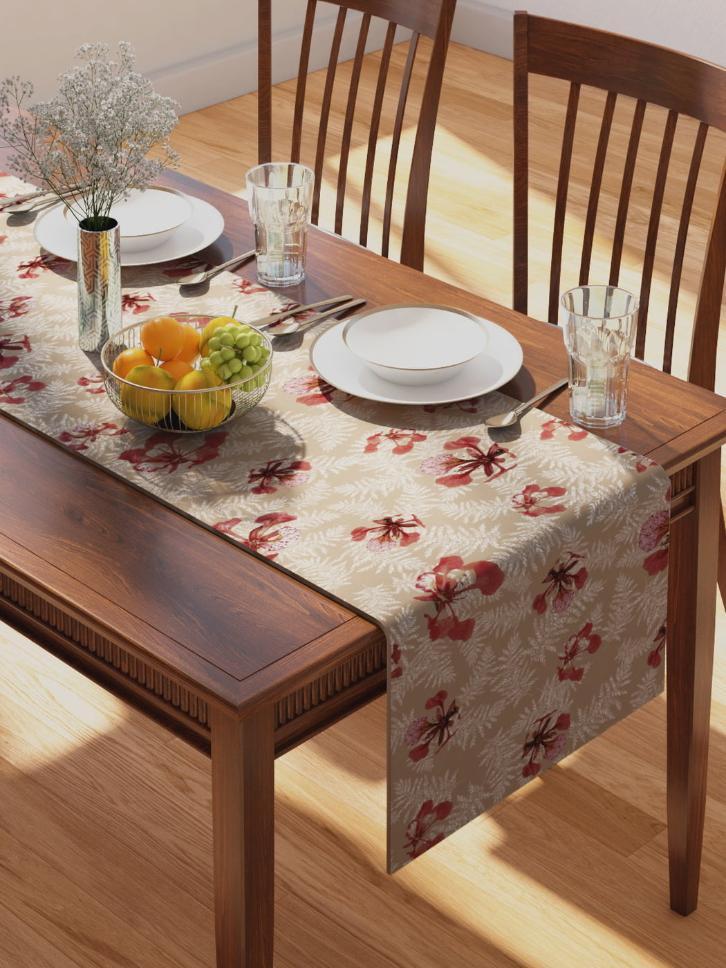 Petal Home 100% Cotton Printed Table Runner 70in x 13in Poinciana Beige ...