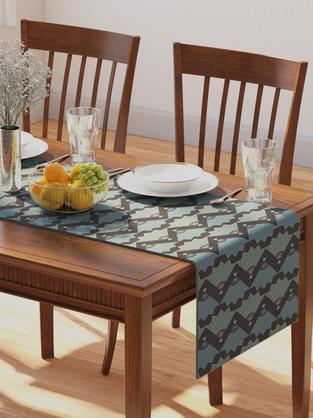 Petal Home 100% Cotton Printed Table Runner 70in x 13in Suzhou Grey ...