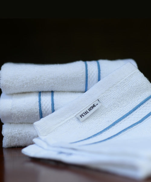 Blue Cording White Face Towels - Set of 4
